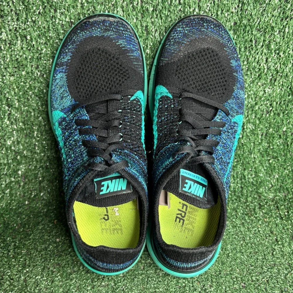 Nike Free 4.0 Flyknit Running Sneaker Black Game Royal Atomic Teal Womens Sz 7.5